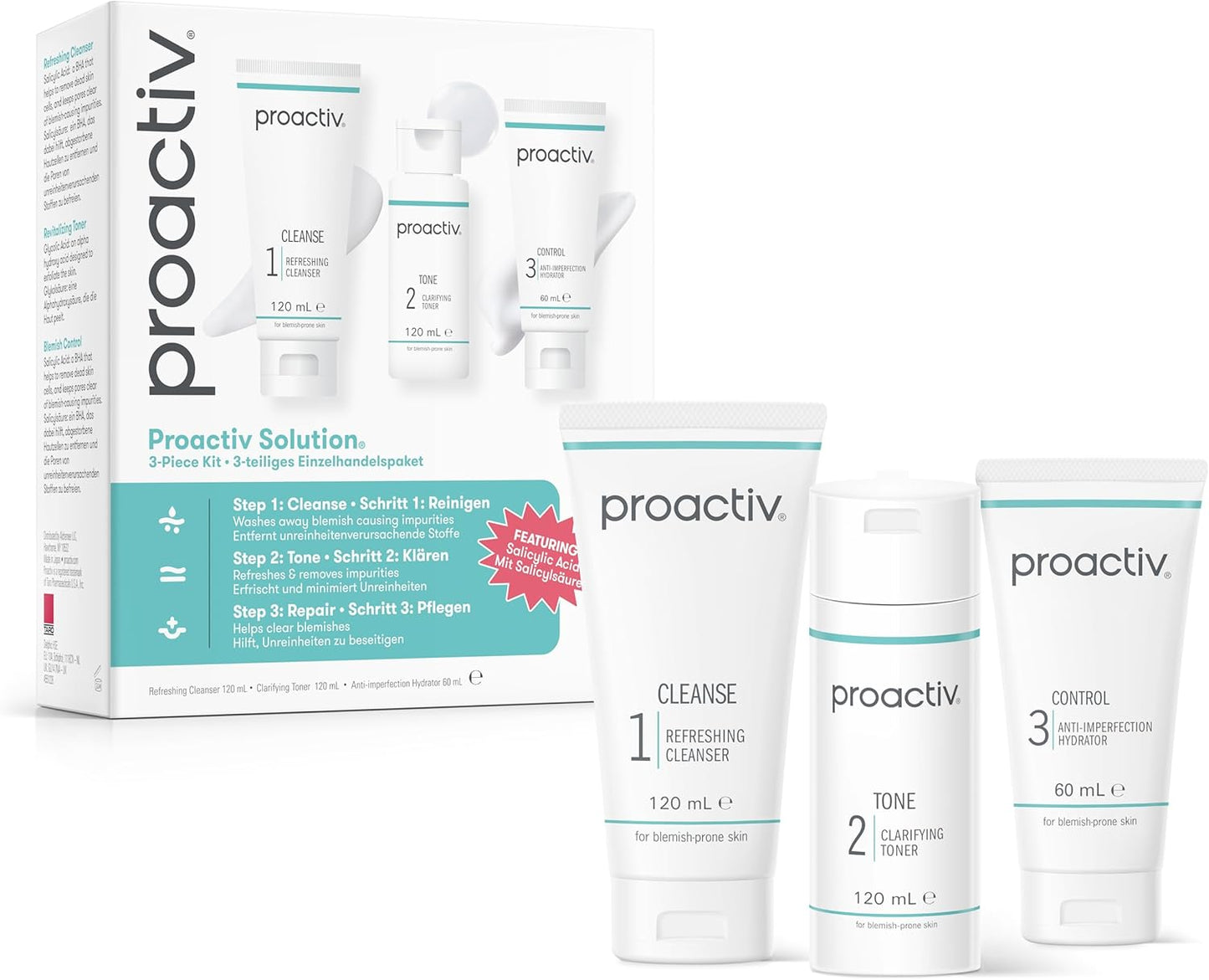 Proactiv Solution 60 Day Facial Cleansing 3-Step Routine, 1 x Cleanser 120 ml, 1 x Facial Toner 120 ml, 1 x Hydrator 60 ml (Pack of 1)