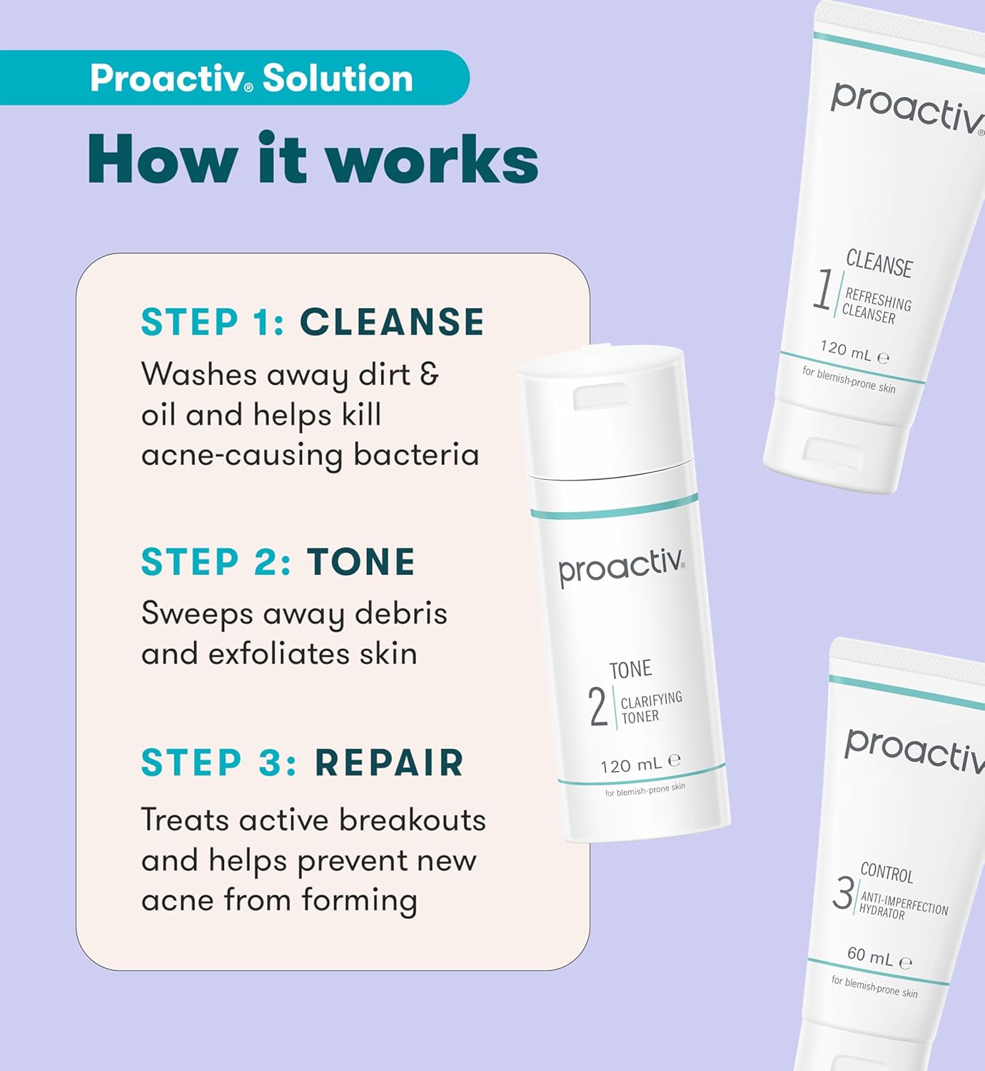 Proactiv Solution 60 Day Facial Cleansing 3-Step Routine, 1 x Cleanser 120 ml, 1 x Facial Toner 120 ml, 1 x Hydrator 60 ml (Pack of 1)